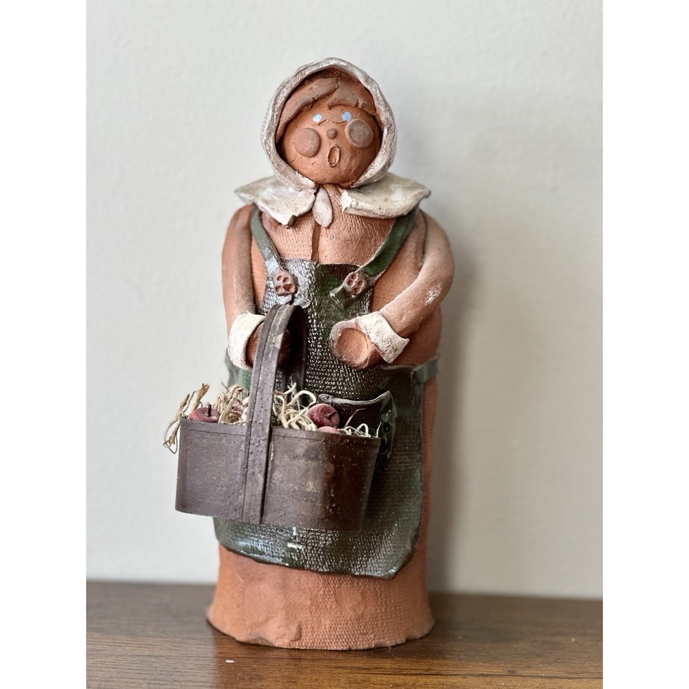Vintage Primitive Terracotta Clay Folk Art Girl Figurine Basket of Apples 1997